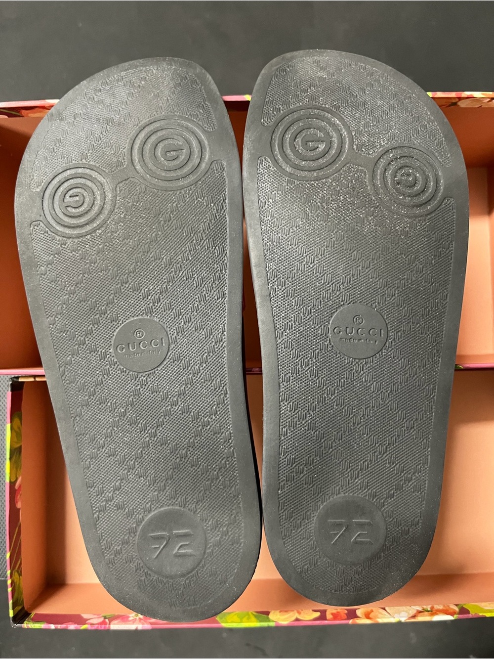 Gucci Floral Logo Slide Sandals - Pink/Green on Beige - Picture 4 of 6
